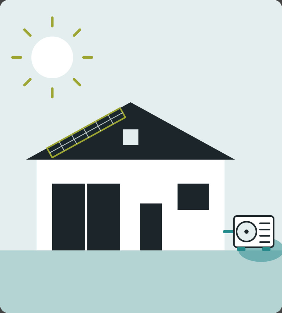 Illustration d’une maison neuve avec panneaux solaires et pompe à chaleur