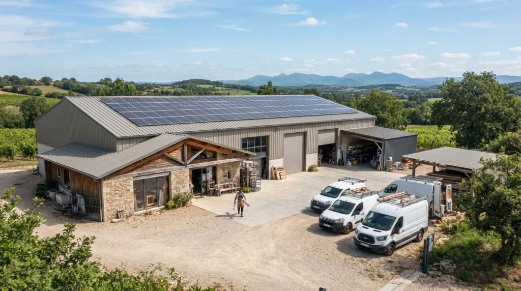 Illustration : entrepôt professionnel équipé de panneaux photovoltaïques en toiture