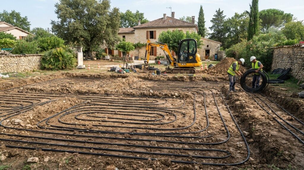 Illustration : capteurs géothermiques horizontaux posés en tranchée dans un jardin