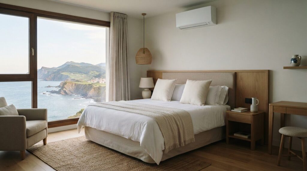 Illustration : chambre d'hôtel climatisée avec unité intérieure silencieuse