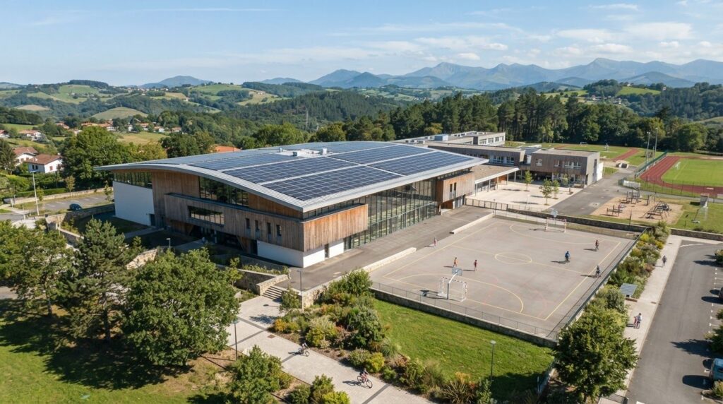 Illustration : gymnase communal équipé de panneaux solaires