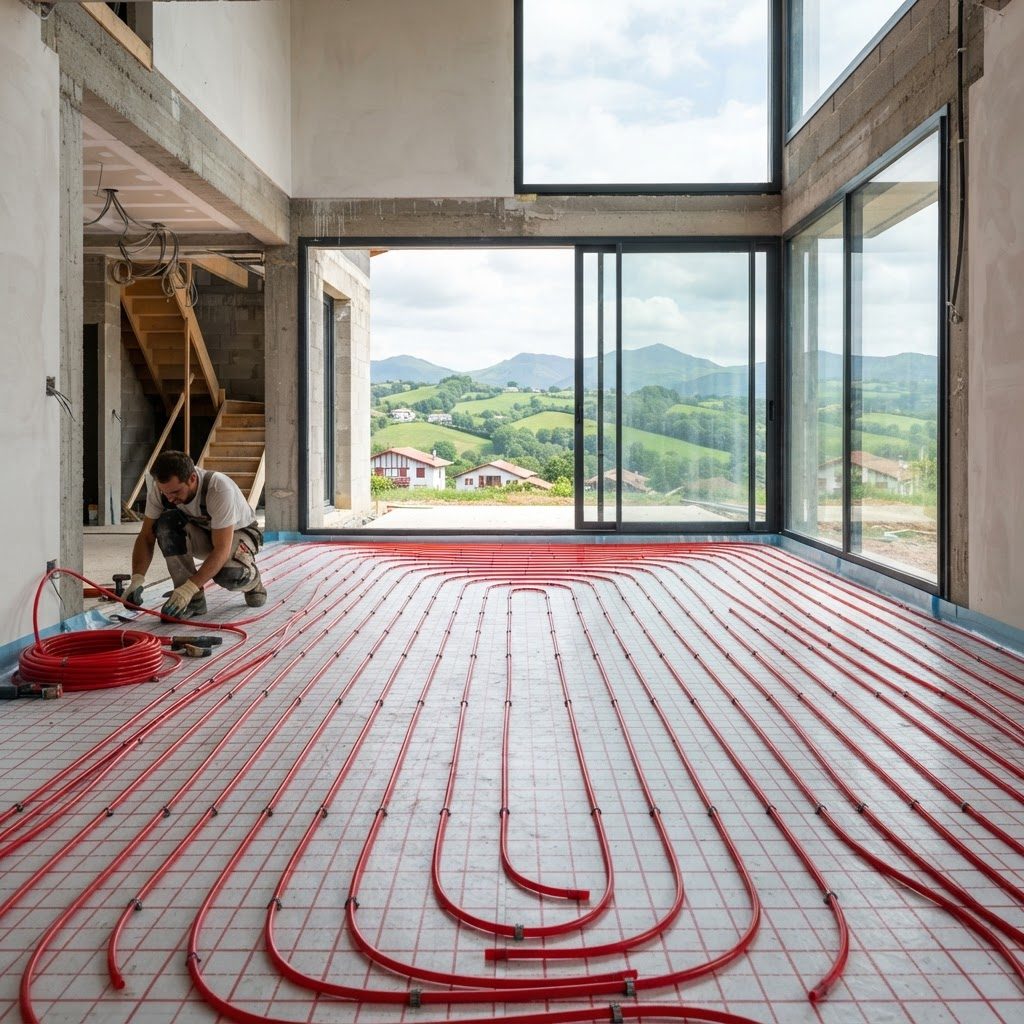 Illustration : plancher chauffant dans une maison neuve RE2020