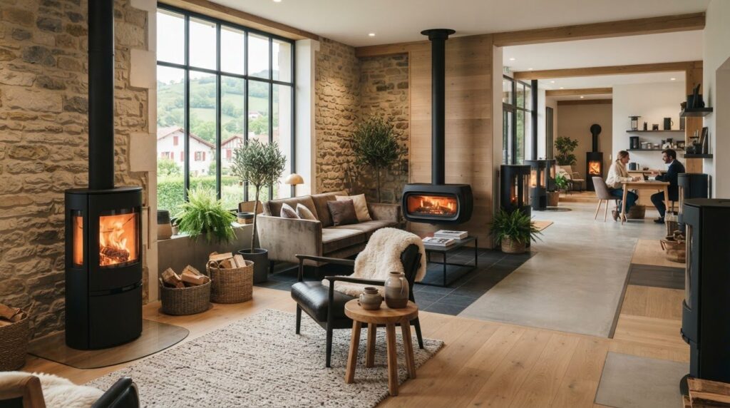 Illustration : showroom COBA Énergies avec des poêles à bois et à granulés exposés