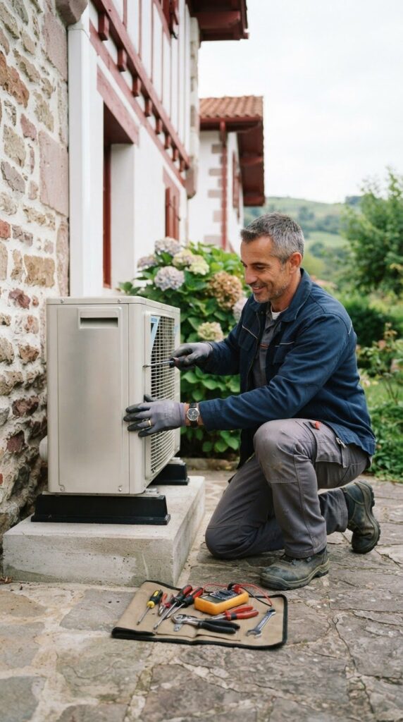 Illustration : technicien COBA Énergies réalisant l'entretien d'une pompe à chaleur