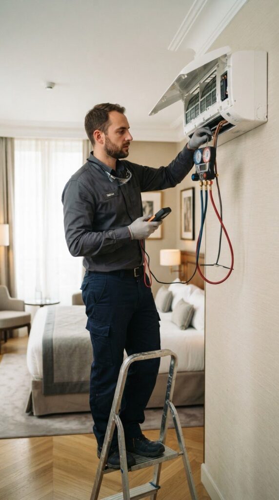 Illustration : technicien COBA Énergies en intervention sur la climatisation d'un hôtel