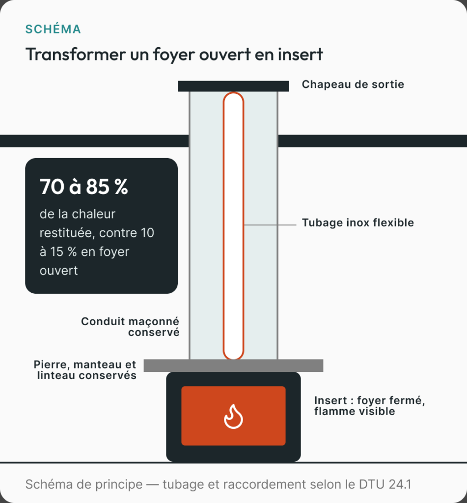 Coupe d’une cheminée transformée en insert avec tubage inox